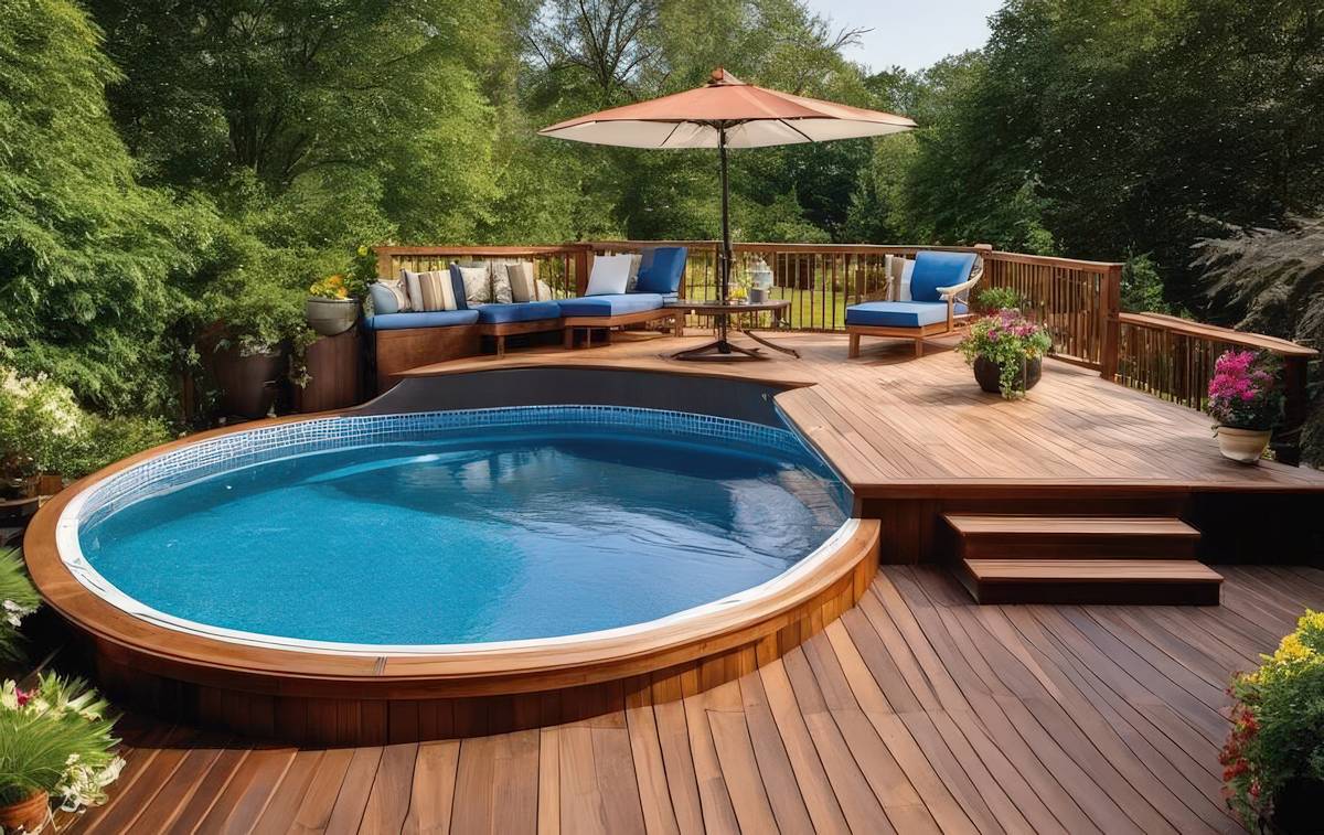 Oval Backyard Pool With Multi Level Deck