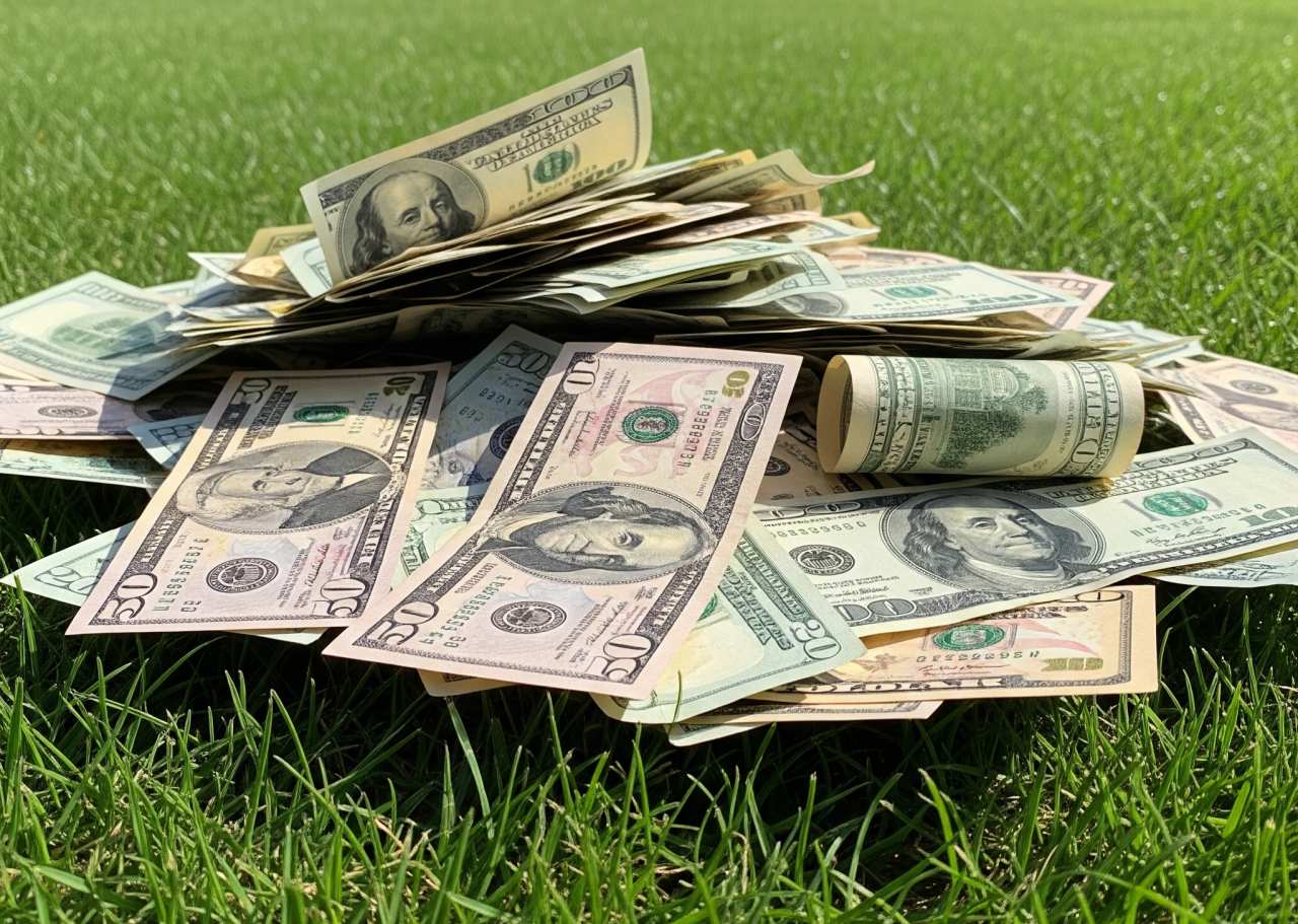 A pile of U.S. dollar bills, including rolled and stacked notes, sits on neatly trimmed grass under bright daylight.