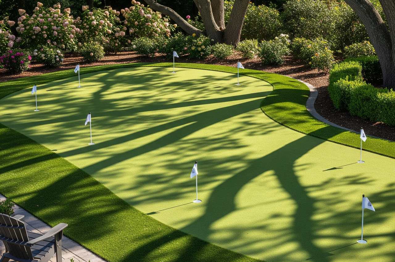 Shaded backyard putting green with multiple white flags, surrounded by blooming flowers, lush bushes, and large tree shadows.
