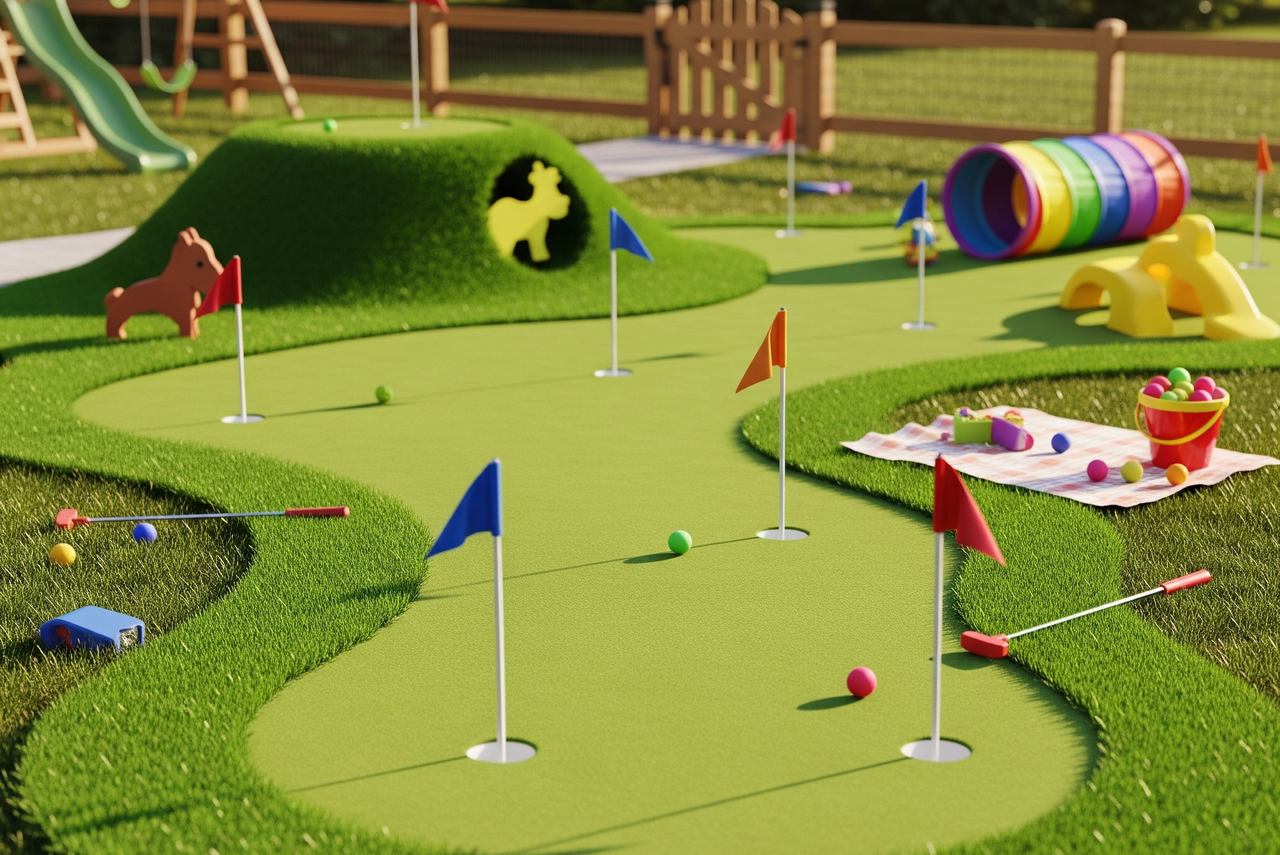 Colorful kids’ mini-golf course with toy clubs, balls, flags, tunnels, and picnic setup in a fenced outdoor play area.