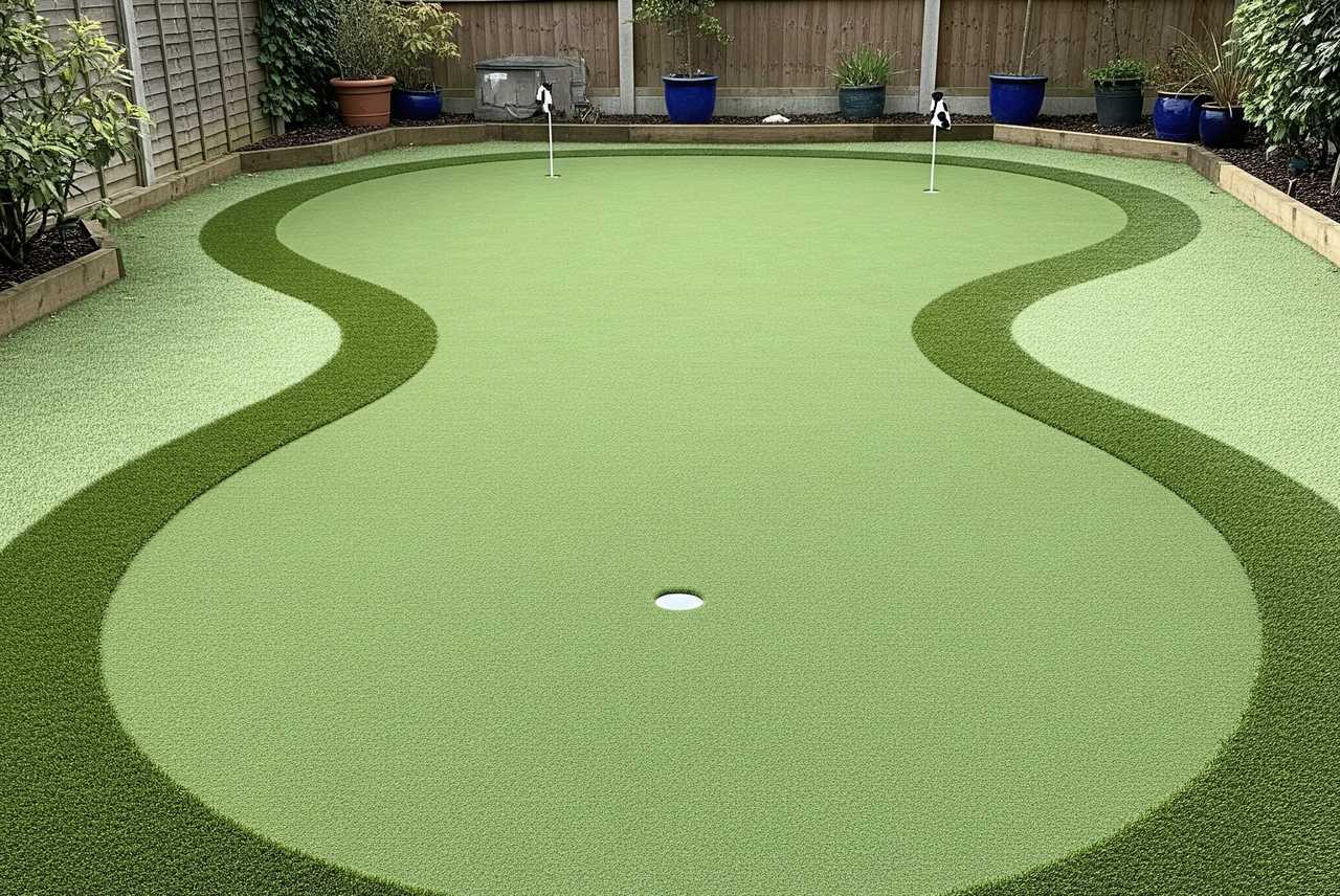Compact backyard putting green in Utah with curving fringe design, two white flags, and potted plants along a wooden fence.
