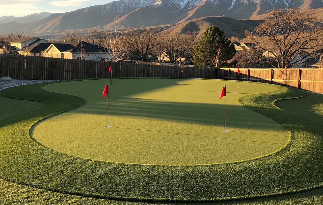 A backyard putting green in Utah at sunset with red flags, wood fencing, and snow-capped mountains in the background.
