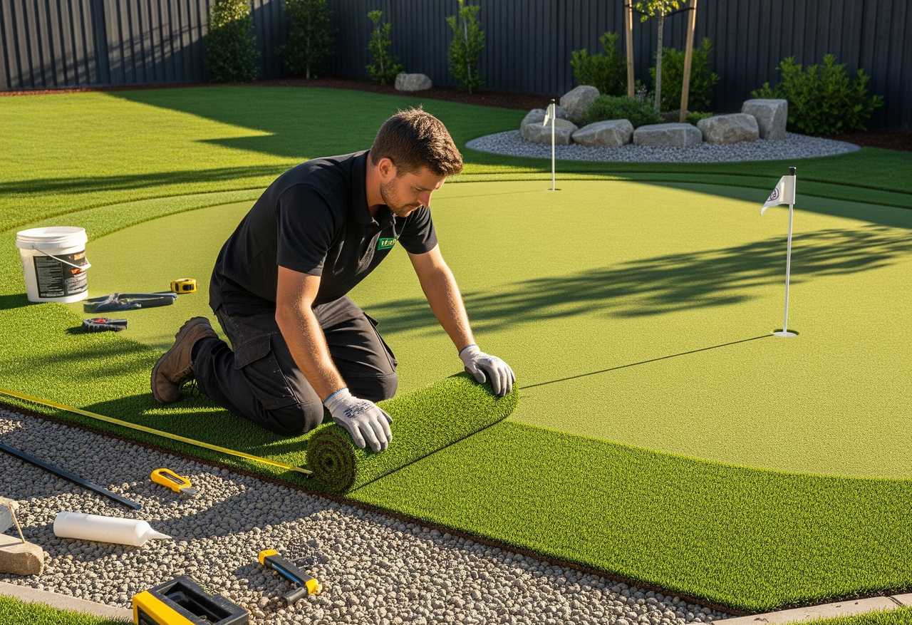 Man installing artificial turf on a backyard putting green, surrounded by tools, gravel edge, golf flags, and landscaped greenery.