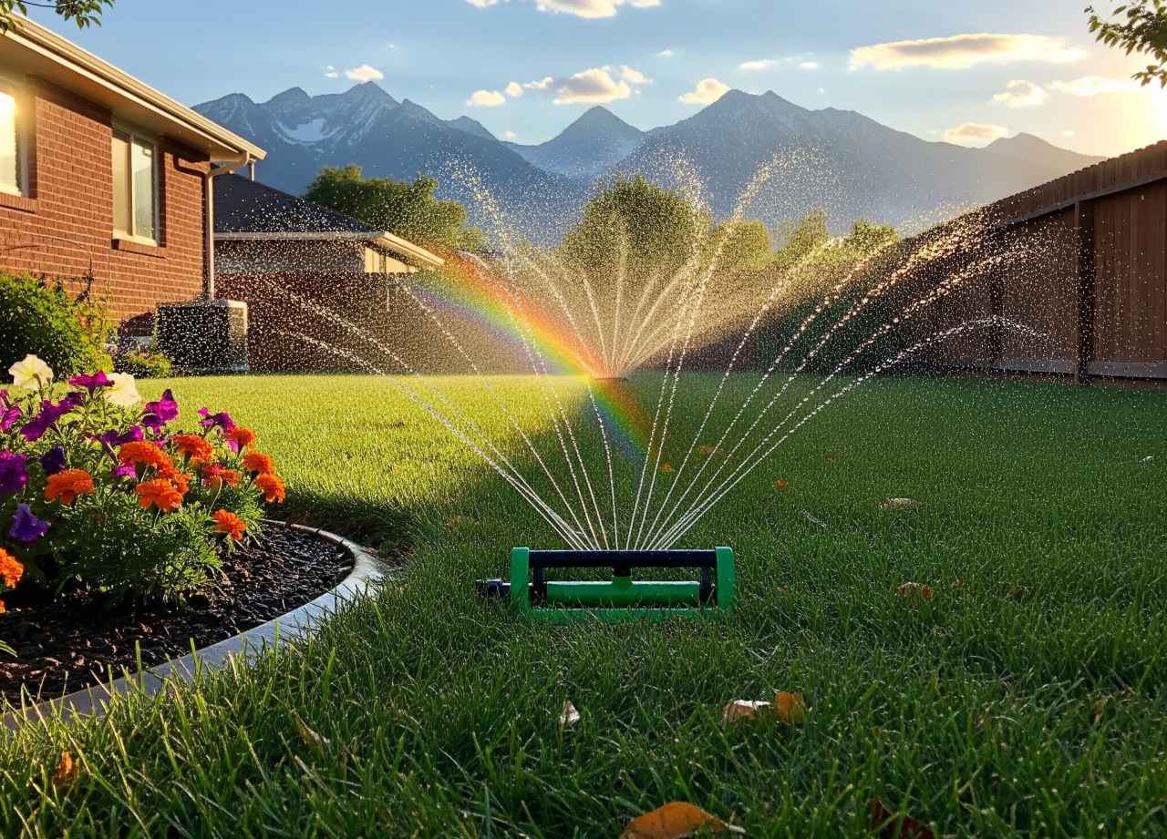 A sprinkler waters a backyard lawn at sunset, creating a rainbow mist near blooming flowers and mountain views.