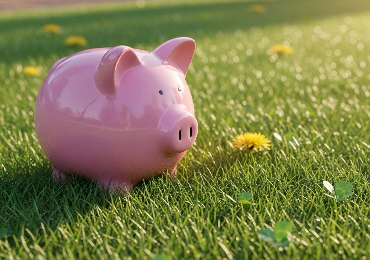 A pink piggy bank sits on green grass with dandelions around, symbolizing saving money on outdoor water use.