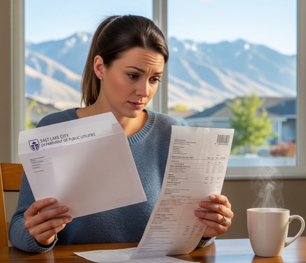 A woman in Salt Lake City looks concerned while reviewing her utility bill, searching for how to save on your Salt Lake City water bill.