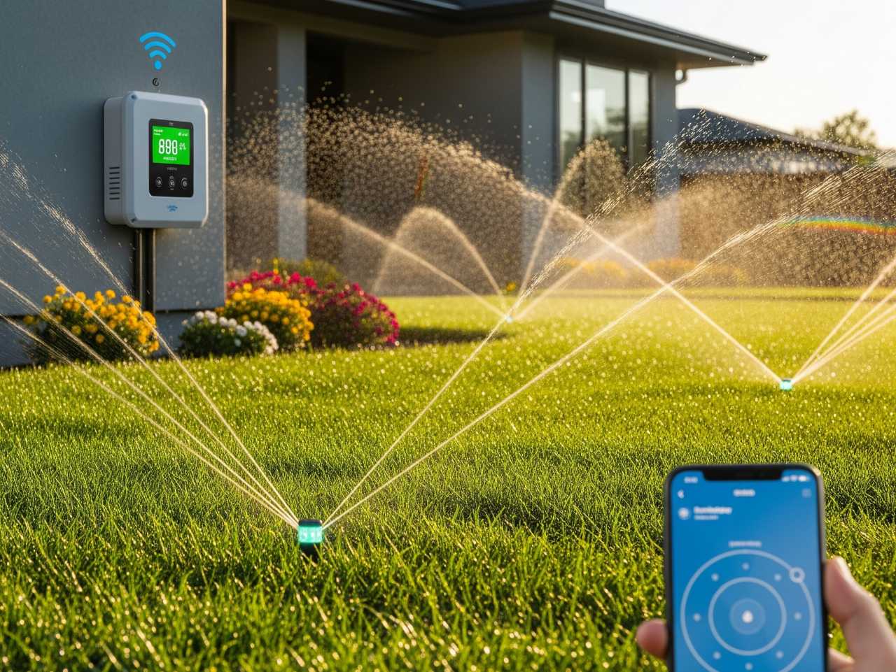 A smart sprinkler system waters a lush lawn, with a person holding a smartphone app to control irrigation settings.