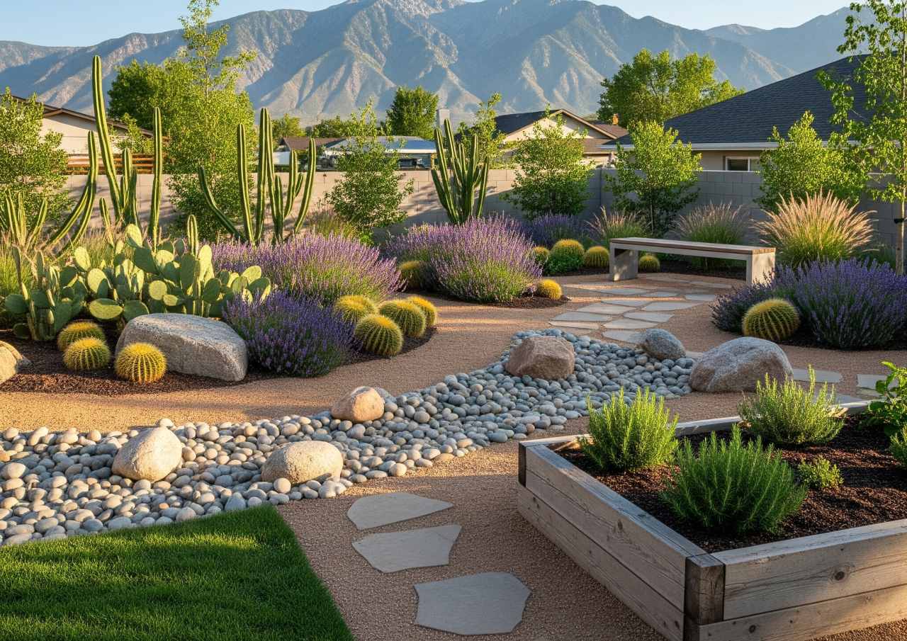 A xeriscaped backyard with desert plants, gravel pathways, and mountain views in the background.